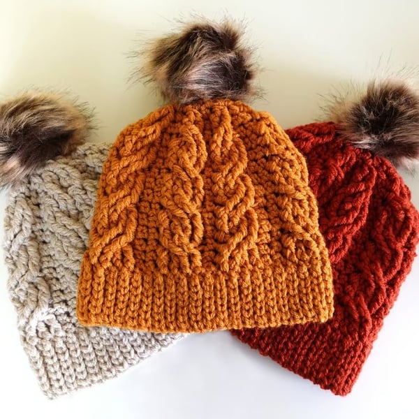 Cosy Cabled Crochet Beanie Hat - Adult