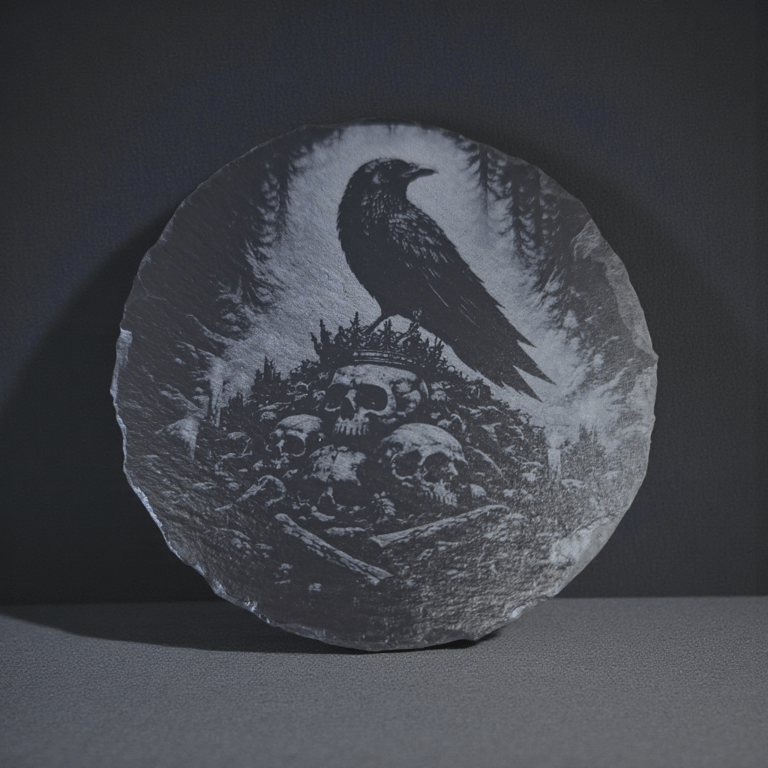 Gothic Raven Slate Coaster – Dark Fantasy Raven & Skull Design – 10cm