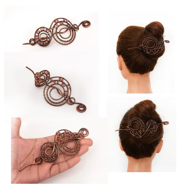 Antique copper hair bun slide with crystal beads.Handmade hair accessory