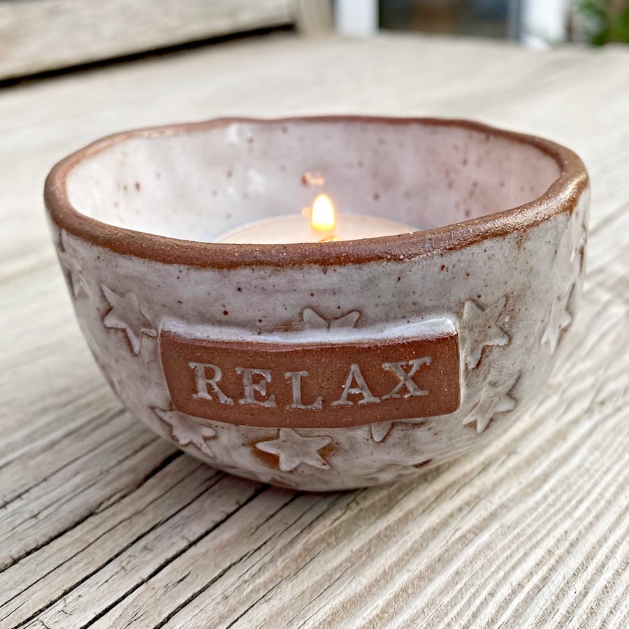 Speckled Ceramic RELAX Embossed Tealight Dish