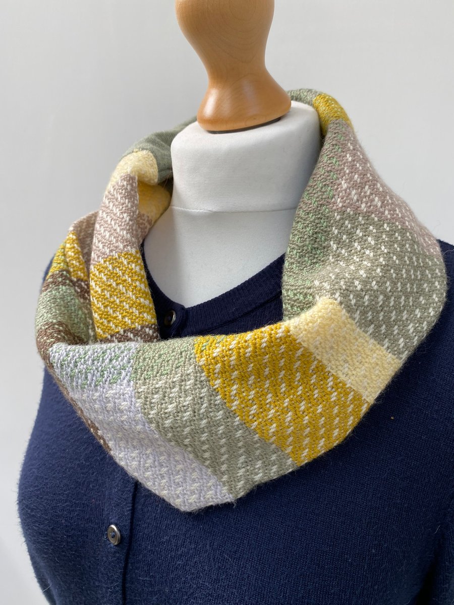 Handwoven green and mustard merino cowl scarf