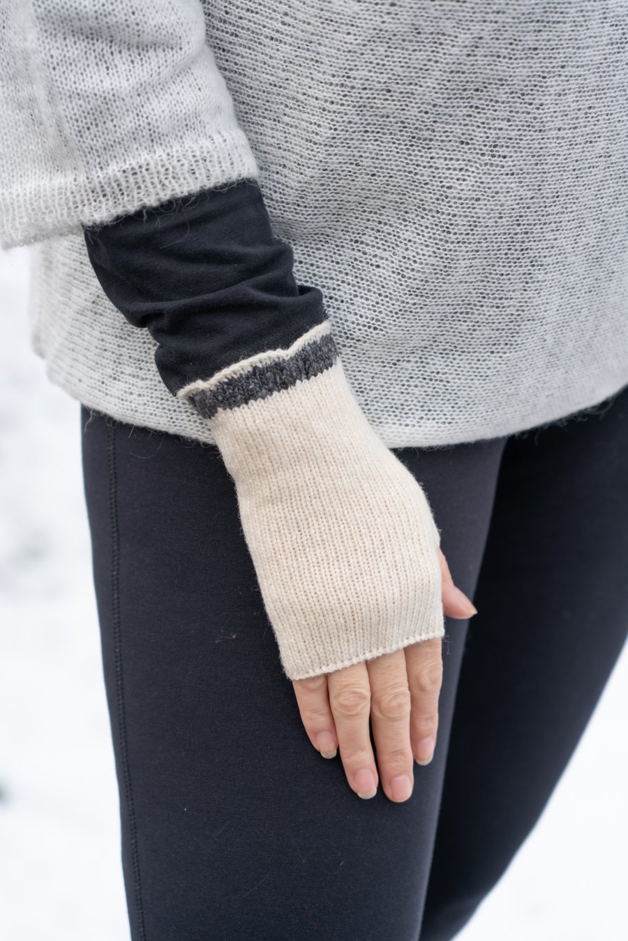  Lambswool Fingerless Winter White Texting gloves. Women's wrist warmers.