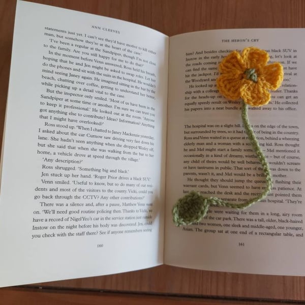 Crochet Flower Bookmark - Handmade with Stem & Leaf