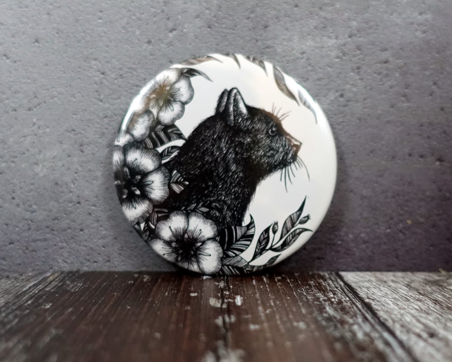 Black Cat Illustration, Pocket Mirror, Botanical, Gothic, Wicca, Alternative