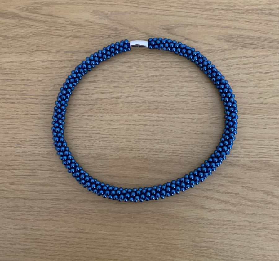 Handmade Woven Midnight Blue Pearl Choker Necklace
