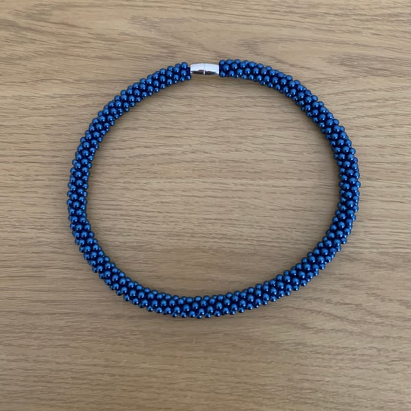 Handmade Woven Midnight Blue Pearl Choker Necklace