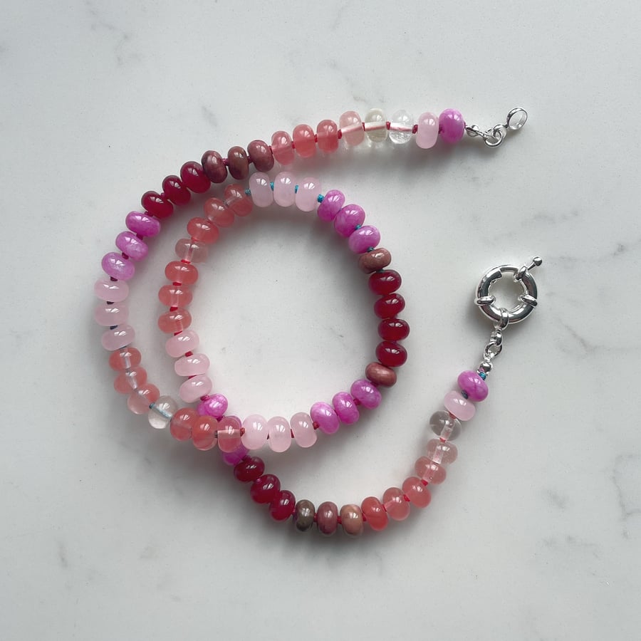 Iced Raspberry Hand Knotted Beaded Gemstone Necklace