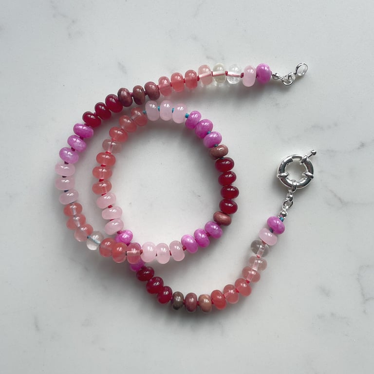 Iced Raspberry Hand Knotted Beaded Gemstone Necklace