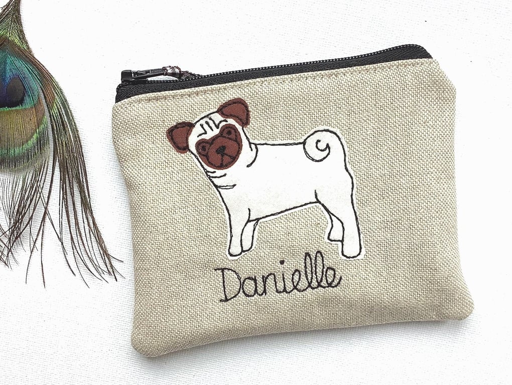 Pug Custom Coin Purse - Grey Wool or Linen Dog Wallet or Pouch - Puggle