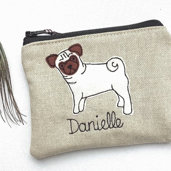 Pug Custom Coin Purse - Grey Wool or Linen Dog Wallet or Pouch - Puggle