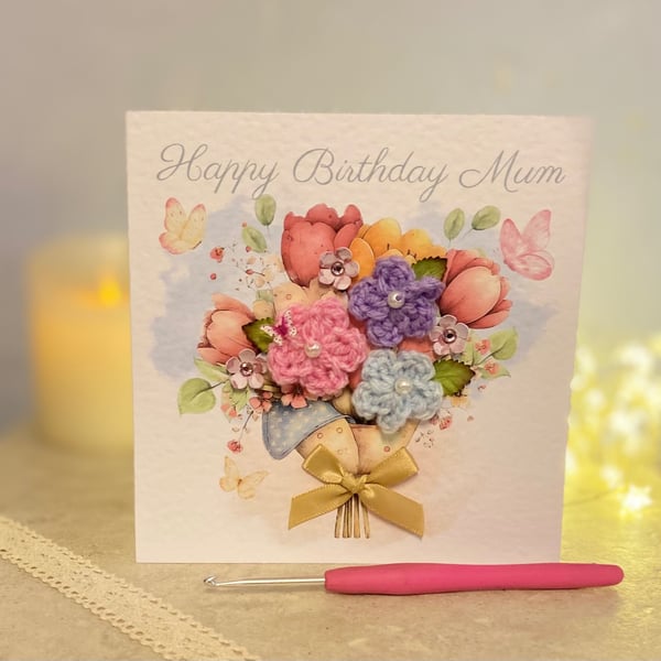 Happy Birthday Card for Mum - Crochet Flower Birthday Card for Mum