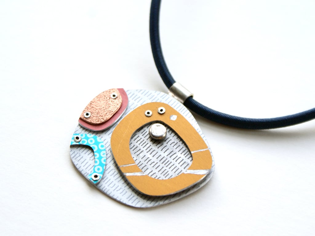 Abstract pebble necklace mustard and pink