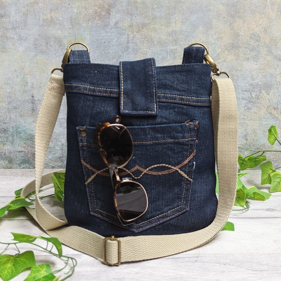 Upcycled Denim Mini Cross Body Bag with Leaf Design Lining