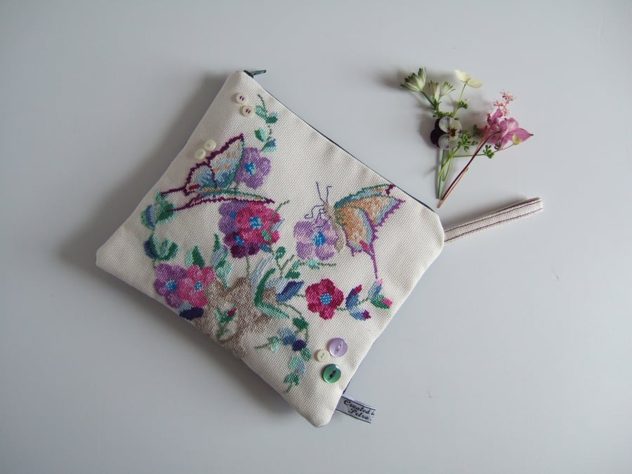 Vintage embroidery small clutch bag in a butterflies and flowers design 