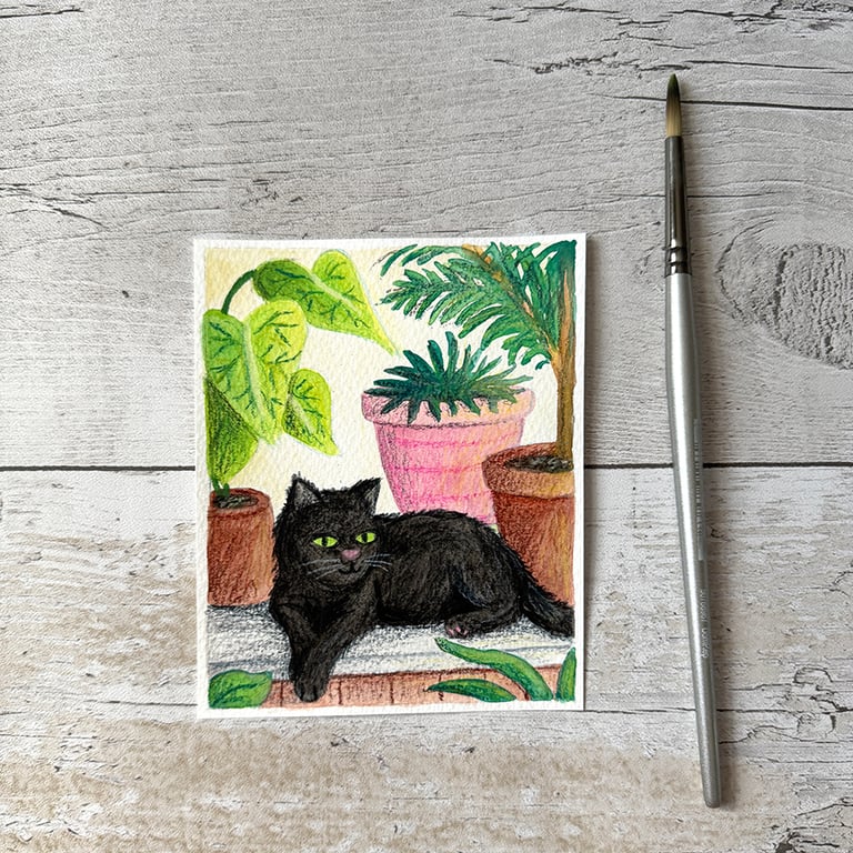 Original Black Cat Painting - Mixed Media - One of a kind