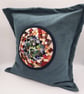 Teal envelope cushion cover, colourful circular centre.  - Image 3