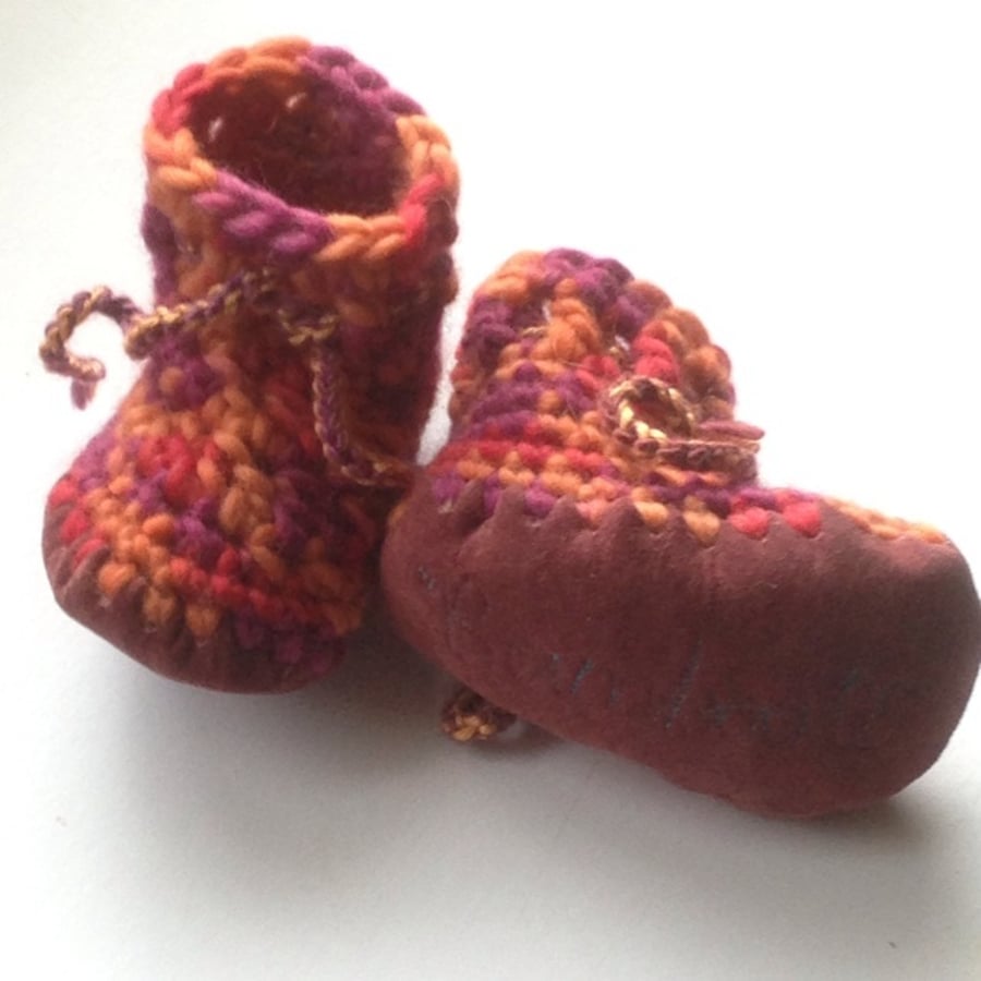 Wool & leather baby boots - rust orange mix - 3-6 months