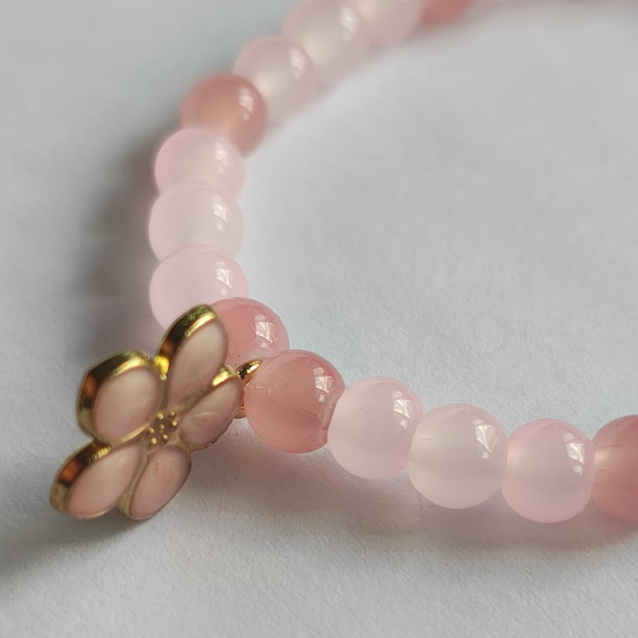 Pink Glass Bead Bracelet with Flower Charm
