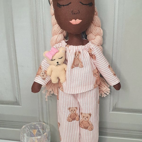 Zara - Bedtime Handmade Heirloom Doll, Embroidered Face, Nursery decor