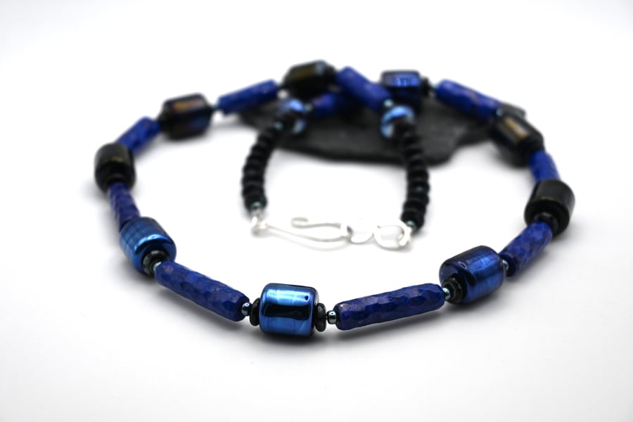 Lapis lazuli gemstone and lampwork glass beaded necklace