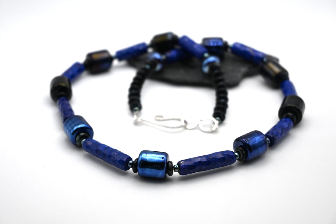 Lapis lazuli gemstone and lampwork glass beaded necklace