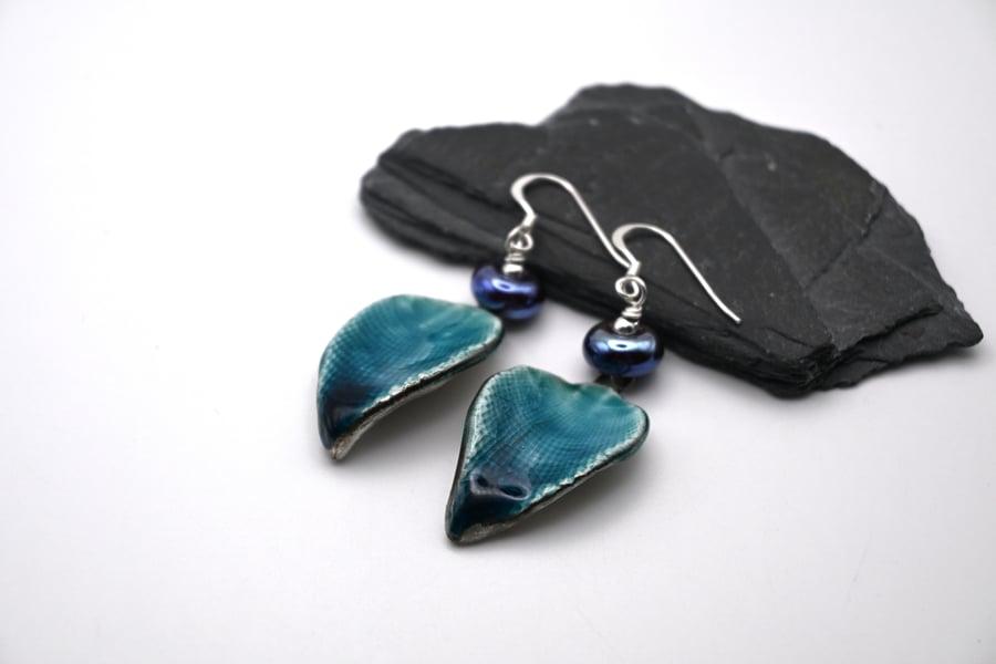 blue ceramic leaf and lampwork glass earrings