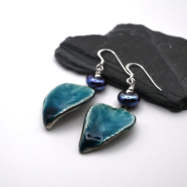 blue ceramic leaf and lampwork glass earrings
