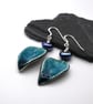 blue ceramic leaf and lampwork glass earrings