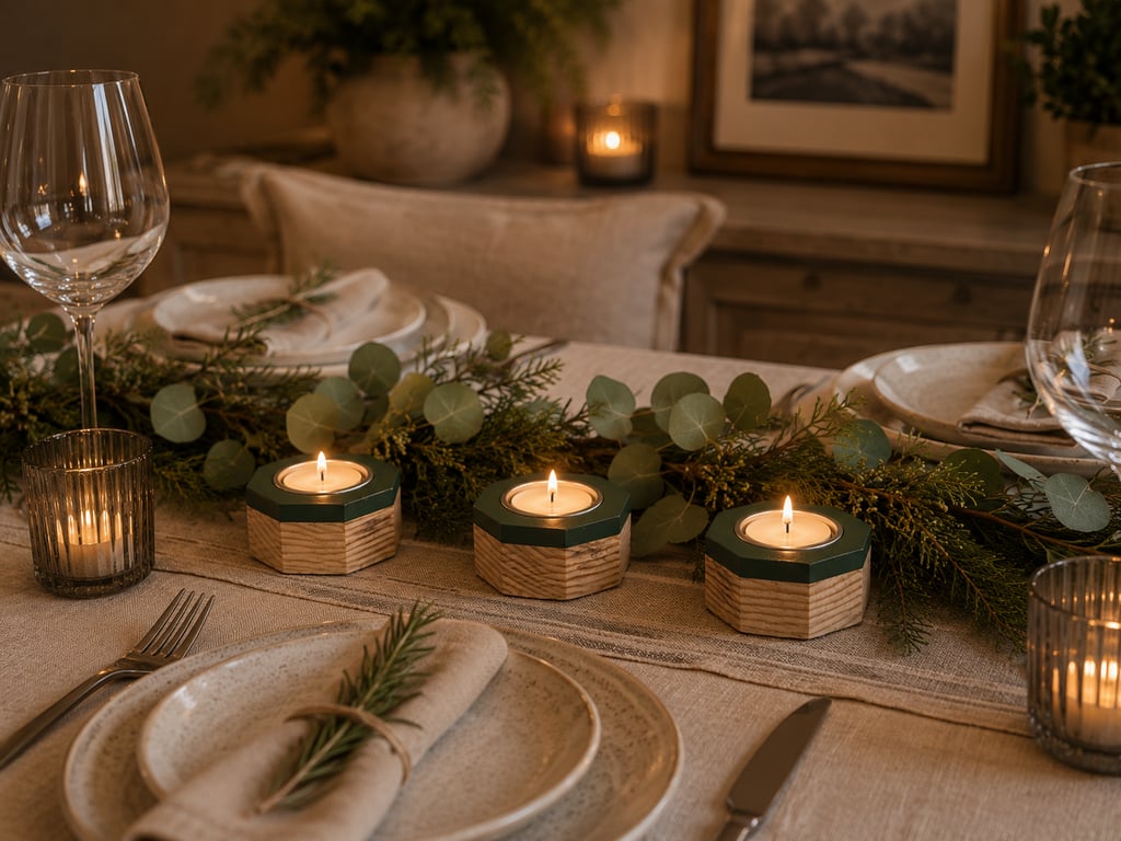 Handmade Reclaimed Wood Candle Holder Set of 3 - Green Accent Tealight Set