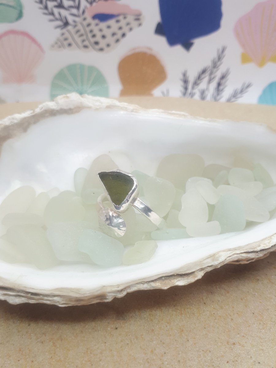 Olive green sea glass and limpet adjustable ring