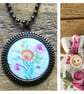 Embroidery print bronze pendant necklace
