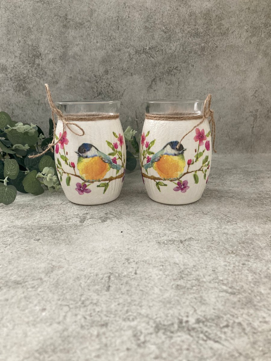 Pair of Decoupage Upcycled French Glass Small Vases - Blue Tits- Rustic Home