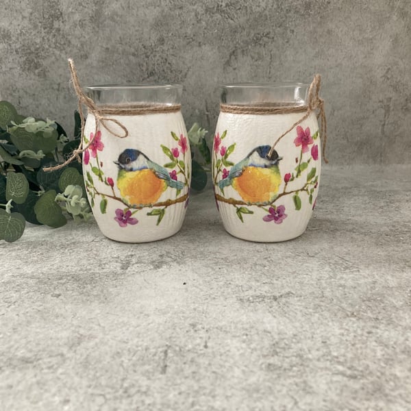 Pair of Decoupage Upcycled French Glass Small Vases - Blue Tits- Rustic Home