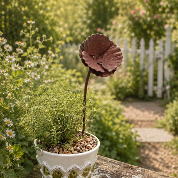 Handmade Rusty Metal Poppy Garden Stake Cottage Garden Flower Decoration
