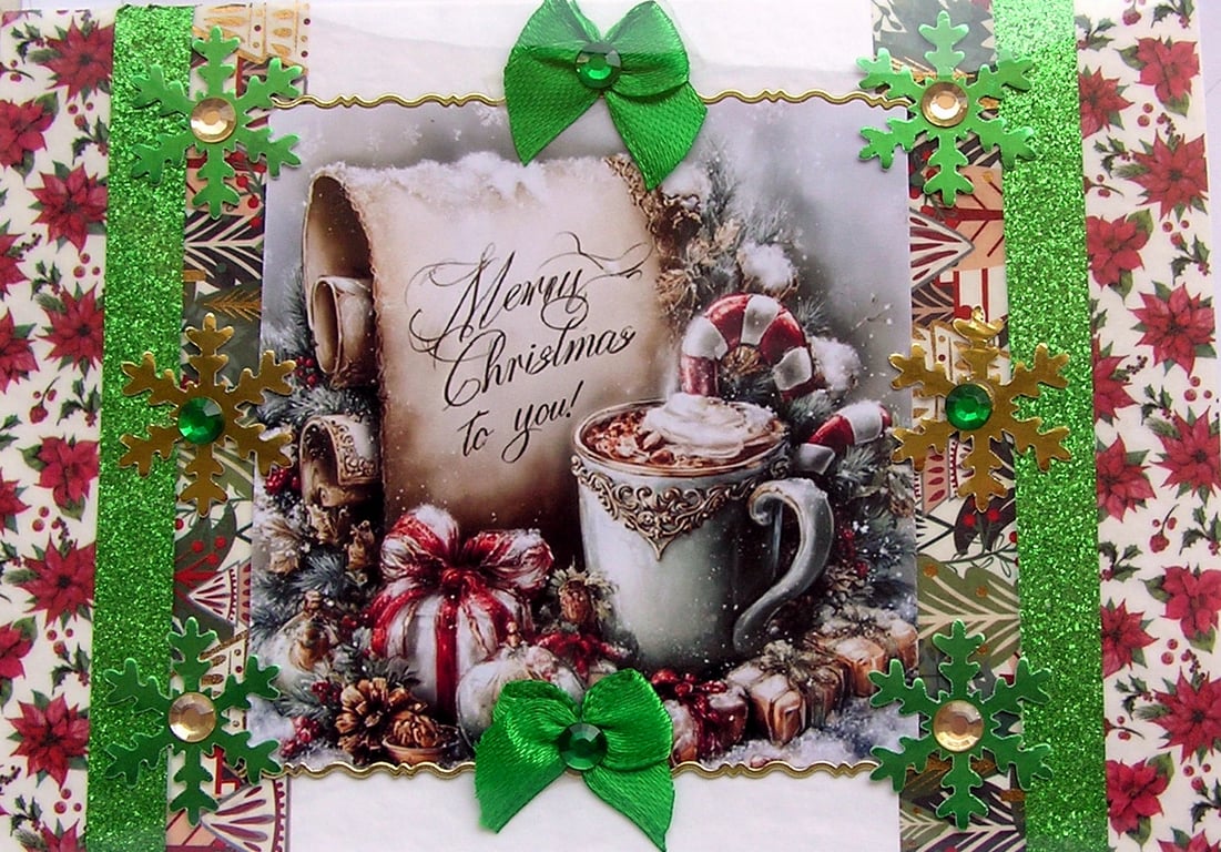 Hand Crafted Decoupage Chistmas Card - Merry Christmas (3351) Xmas Treat Fayre