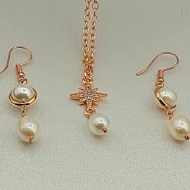 Rose Gold Plated Necklace Star Pendant With Freshwater Pearl And Earrings,  Set