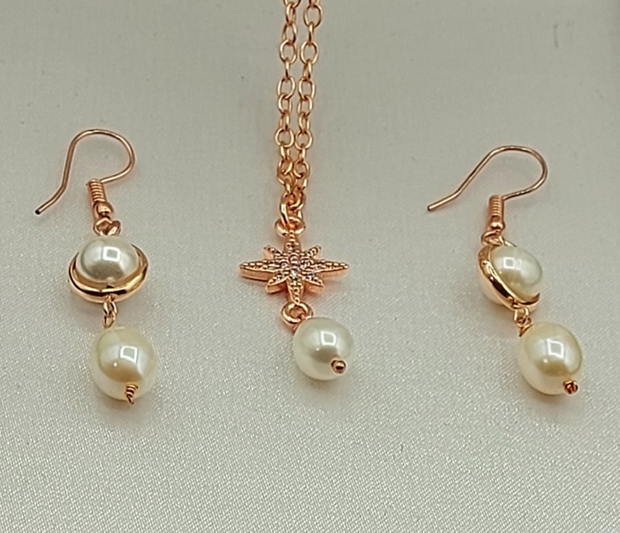 Rose Gold Plated Necklace Star Pendant With Freshwater Pearl And Earrings,  Set