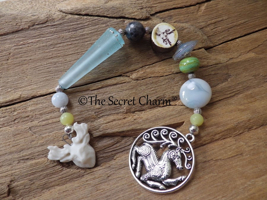 Celtic Stag  Prayer Beads, Peridot & Aquamarine Meditation Beads