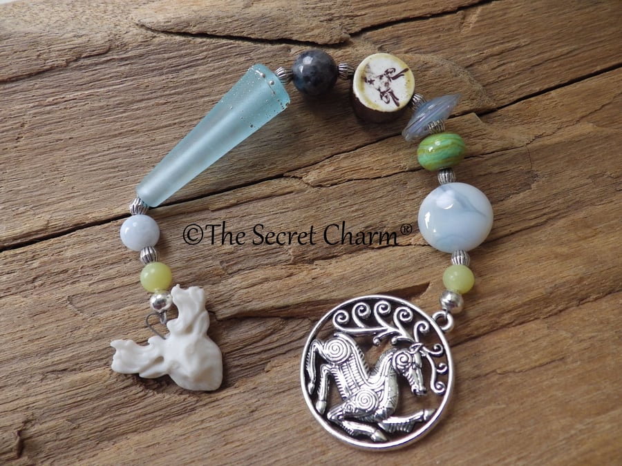 Celtic Stag Rosary Prayer Beads, Peridot & Aquamarine Meditation Beads