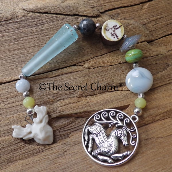 Celtic Stag  Prayer Beads, Peridot & Aquamarine Meditation Beads