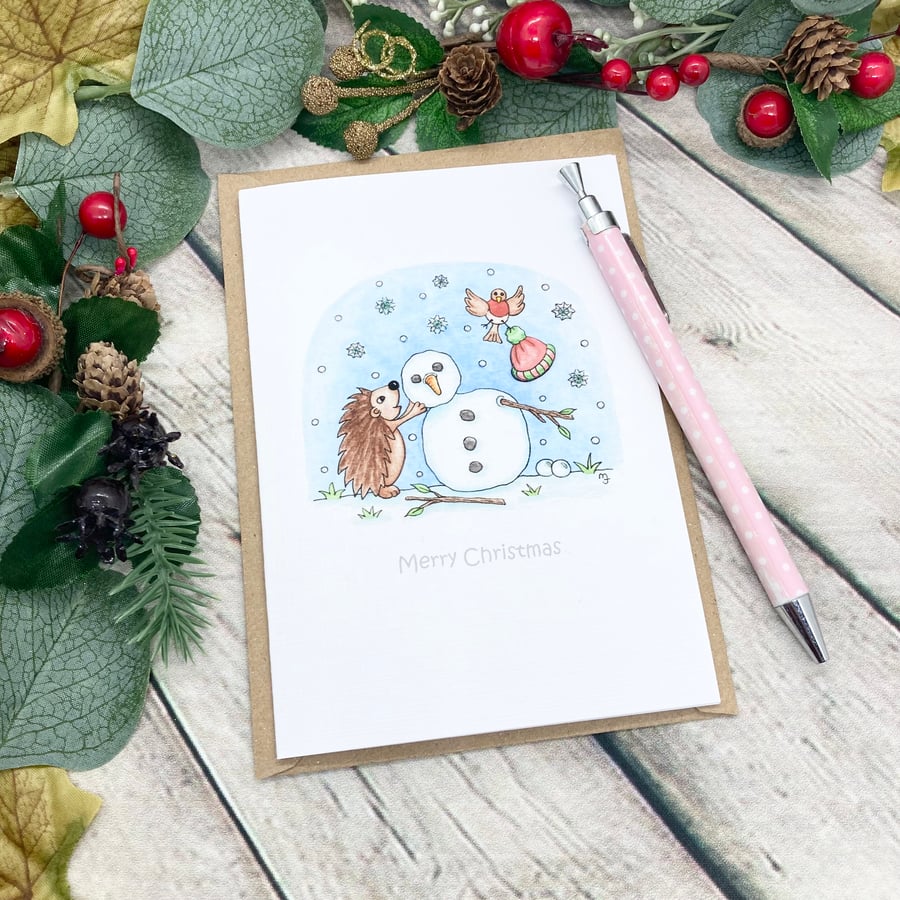 Hedgehog, Snowman & Friends Card - Christmas Card - Cute Hedgehog Card