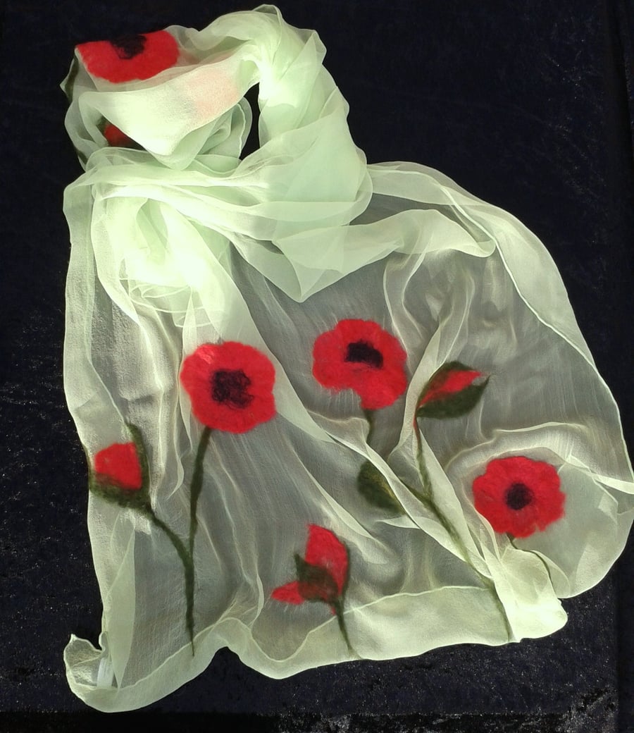 Silk Chiffon scarf, shawl - light green with nuno felted poppy detail