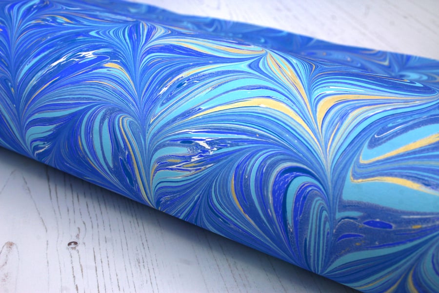 a2 marbled paper Angelfish pattern in blue and gold