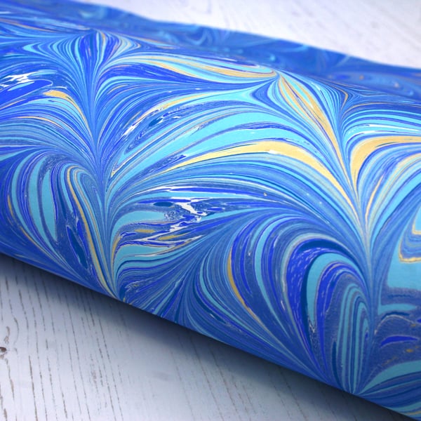 a2 marbled paper Angelfish pattern in blue and gold