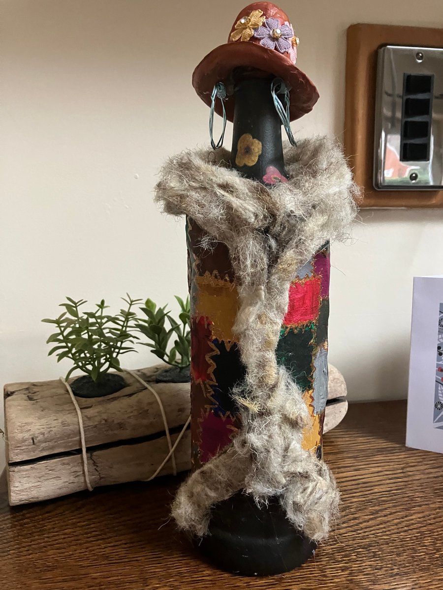 Boho Hippy Chic Bottle Decoration Folk Art Patchwork & Fur Trim