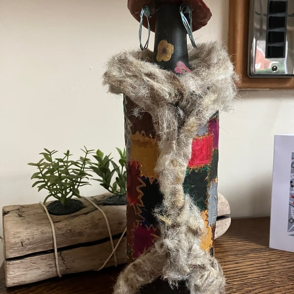 Boho Hippy Chic Bottle Decoration Folk Art Patchwork & Fur Trim