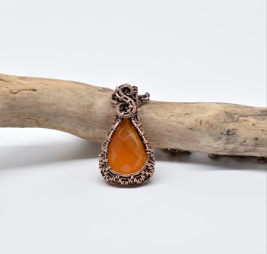 Dainty Faceted Carnelian Wire Woven Copper Pendant 