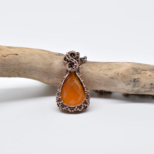 Dainty Faceted Carnelian Wire Woven Copper Pendant 