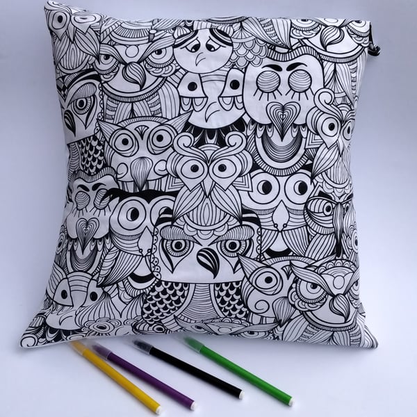 SALE - Abstract Owl Cushion Cover to Colour, Letterbox Gift