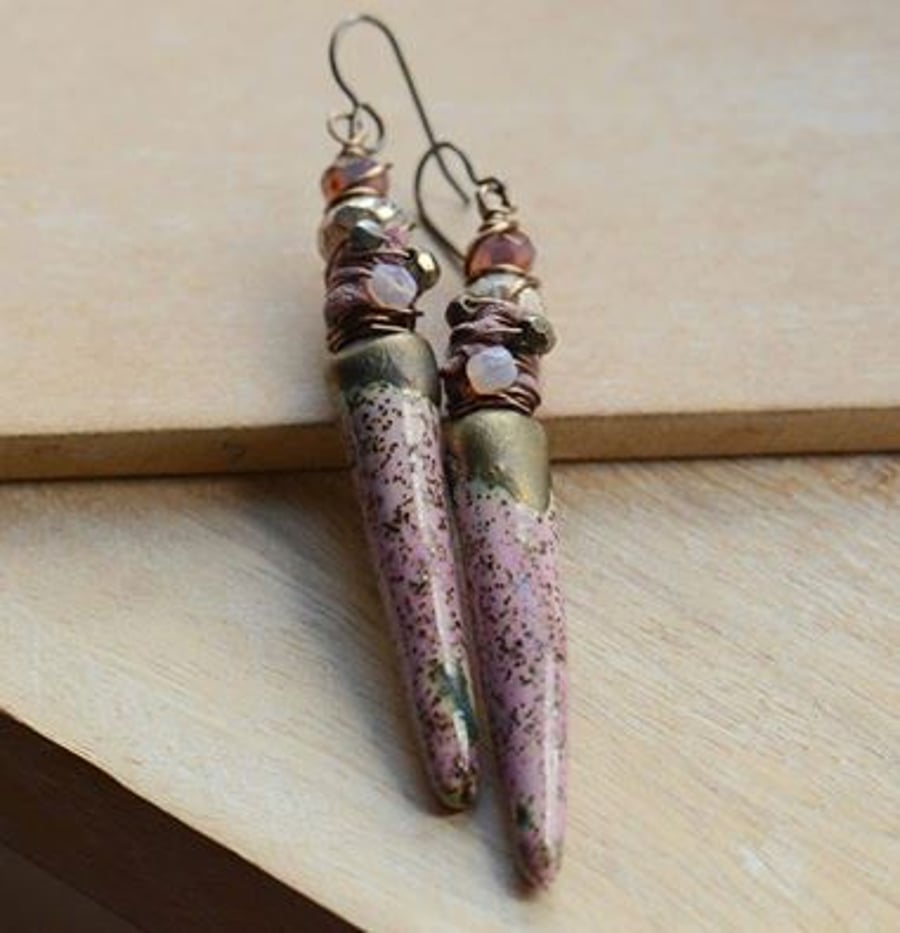 Pink and Bronze Ceramic Drop, Ribbon and Bead Earrings